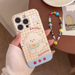 Korean 3D Cartoon Puppy Grid Pattern Soft Phone Case For iPhone 16 13 14 15 12 11 Pro Max XS XR X With Lanyard Shockproof Cover