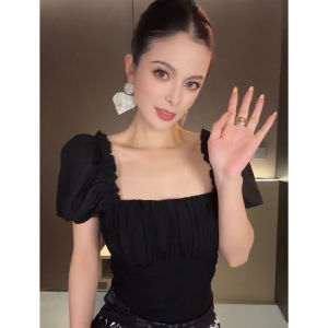 French Style Black Square Collar Slim Fit Short Sleeve T-Shirt Women Summer New Folded Bubble Sleeve Top Korean Version Commute