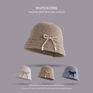 Adorable Butterfly Bow Childrens Bucket Hat Warm Face Slimming Baby Bowl Cap Autumn Winter Kids Fashionable Knitted Headwear