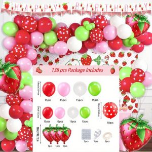 138PCS Strawberry Balloon Wreath Arch Set Red Pink Green Balloon Set Birthday Party Home Decoration Music Festival Decoration