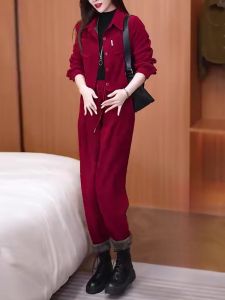 UYFY | Thickened Fleece Winter Casual Set Womens Red Long Pants Jacket Two-Piece Suit Slimming Outerwear Korean Style Commute Fashion
