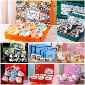 Bộ 6 Chén Sứ Hoạ Tiết Hoạt Hình Phong Cách Nhật Tặng Kèm 6 Đũa Hoa Cao Cấp