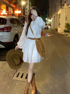 Sweet Gentle A-Line Dress Summer Spring Beach Vacation White Hollow out Skirt Loose Waist Bubble Sleeve V-Neck Midi Dress