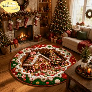 VIKAMA 3D Christmas Gift Round Rug Flannel Non Slip Circular Carpet Snowman Present Lantern Pattern Living Room Floor Mat Xmas