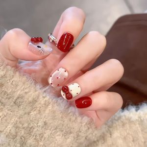 Elegant Red Cat Eye Wearable Nails Short Oval