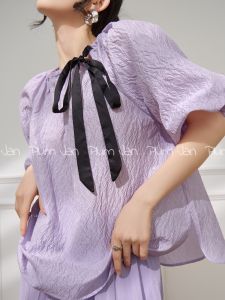 PlumJan | Áo Blouse Phong Cách Nữ Tính Lavender Tay Bồng Cổ Vuông Có Nơ