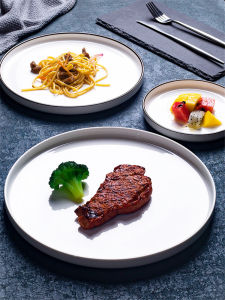 Nordic Style Ceramic Steak Plate round Simple High Temperature Resistant Fine Black Edge Small Dishware Dining Utensils