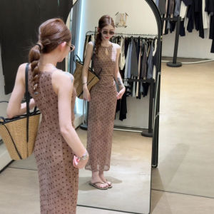 CHANGTONG | Dotted Halter Neck Dress Long