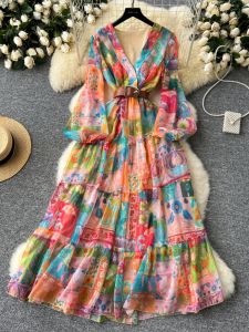 Váy Dài Tay Đèn Lồng Cổ Chữ V Cao Cấp Cho Nữ Mùa Hè 2024 Váy Midi Chữ a Tay Dài Thường Xuyên Váy Công Sở Phong Cách Hàn Quốc