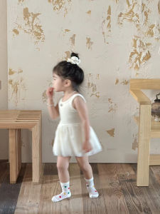 Summer Sweet Princess Vest Skirt Girls New Style High End Fashion Splice Mesh White Dress Childrens Clothing Baby Clothes