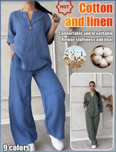 Solid Color Cotton And Linen Two-Piece Suit Short Sleeve Cotton Linen Casual Suit Womens Loose Two-Piece Plus Size