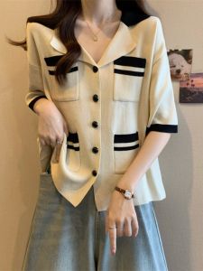 Lapel Classic Style Knitting Short Sleeve Cardigan Womens Summer Plus Size Slightly Fat Sister Popular Chic Beautiful Slim Looking Tops