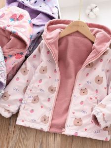Girls Double-Sided Wear Fleece Lined Jacket 2025 Autumn New Cartoon Print Zipper Hooded Outerwear Fashionable And Comfortable