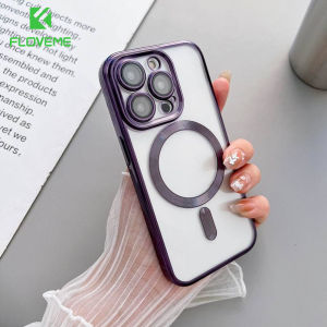 [With Lens Film] FLOVEME Magnetic Wireless Charging Phone Case For iPhone 14 13 12 11 Pro Max Plating Transparent With Lens Film Back Cover For iPhone 14 13 12 11