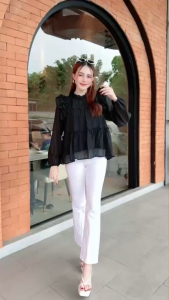 TW21796 เสื้อคอปีน ผูกคอด้านหลัง ไหล่ระบายเล็ก ..