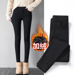 Womens Fleece Lined Thickened Autumn Winter High Waist Elastic Slim Fit Nine Point Pants Black Leggings Casual Long Trousers