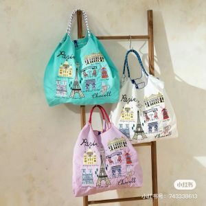 Eco-Friendly Ballchain Shopping Bag Embroidered Shoulder Bag High round Paris Eiffel Tower Series Japanese Nylon Casual Simple Style