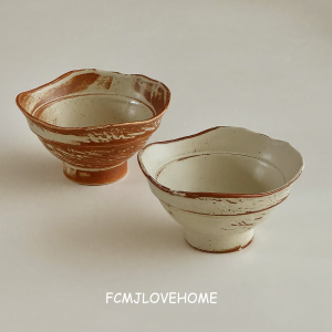 Fcmj 5-Inch Ceramic Coarse Ceramics Glazed Brushing Craft Japanese High Footed Rice Bowl Yogurt Bowl Dessert Bowl Kitchen Diningware