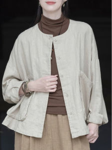 เสื้อเชิ้ตแขนยาวผ้าฝ้ายลินินสีพื้นสไตล์ย้อนยุคสำหรับผู้หญิงไซส์ใหญ่หลวมๆ สบายๆ เสื้อคาร์ดิแกนเปิดคอตั้งฤดูใบไม้ผลิและฤดูร้อน