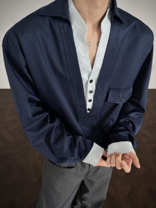 Loose Fit V-Neck Blue Shirt Mens Autumn Outerwear Cardigan Design Casual Style Long Sleeve Breathable Polyester Fabric