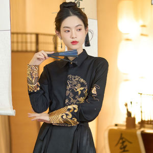 เสื้อเชิ้ตผู้หญิงสไตล์ย้อนยุคสีดำ แขนยาว ทรงหลวม ปกโปโล คอกลม เสื้อเชิ้ตสไตล์จีนใหม่ ฤดูใบไม้ผลิและฤดูใบไม้ร่วง
