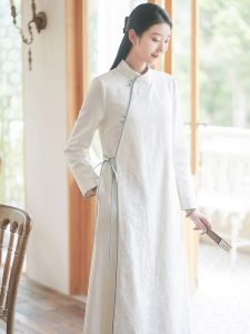 New Chinese Style Tea Ceremony Womens Autumn Winter Cotton Linen Long Skirt Traditional Artistic Cheongsam Zen Spirit Fashion