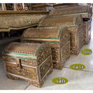 หีบไม้ทรงฟาโรห์ หีบสมบัติทองโบราณ 3 ขนาด ประดับกระจกสี ลายวิจิตร ตกแต่งบ้าน เรียกทรัพย์