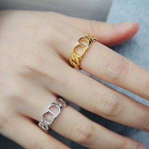 CD Letters Ring Womens Gold-Plated Fashion Light Luxury and Simplicity Fancy Alloy Glossy Hollow Open-End Wide Pasta Finger Ring