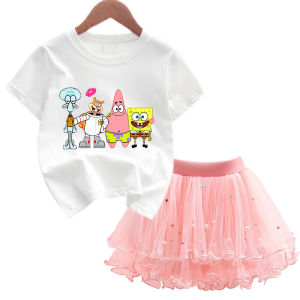 Potdemiel | 2 Cái/bộ SpongeBob Bé Gái Đầm Công Chúa Mùa Hè Tiệc Sinh Nhật Quần Áo Hoạt Hình Áo Thun & Váy Tutu Bộ Dành Cho Trẻ Em Từ 4-6 Tuổi