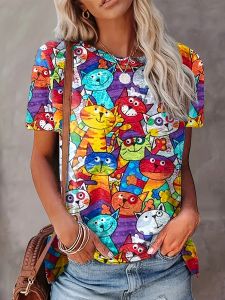 Vibrant Multi-Color Womens Tee - Playful Cartoon Cats Graphic Cheerful Cat Print Design for Casual Daily Wear