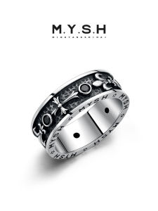 MYSH Pure Silver Black Zirconia Iris Ring Mens High-End Vintage Fashion Single Ring Closed Ring Original Design Jewelry