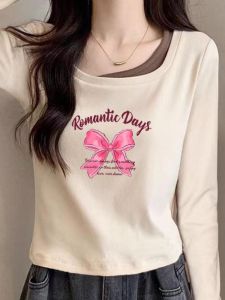 เสื้อยืดคอกว้างแขนยาวผ้าฝ้ายสไตล์เกาหลีสำหรับผู้หญิง ฤดูใบไม้ร่วง ฤดูหนาว แฟชั่นใหม่ ลายพิมพ์ ทรงเข้ารูป ปกติ แขนยาว คอกลม เสื้อผ้าทำงาน