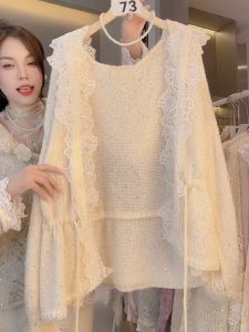 Lace Splice Hooded Knitted Open Cardigan Womens Style 2025 Korean Trend Autumn Leisure Sweater Top Commute Fashion Straight Cut