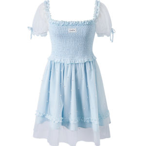 SEENFAAN | SEENFAAN Summer New Splice Mesh Strap Dress Womens Design Short Skirt Gown Street Style Bubble Sleeve R理L纤维 A字裙
