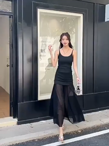 Váy dài hở lưng lưới phong cách ngày lễ cho nữ eo thon nối hông dài đi biển