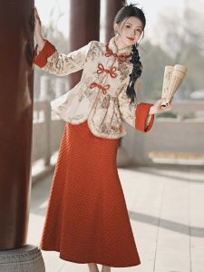 Red Thickened Fleece Lined New Chinese Style Qipao Autumn Winter Spring Festival Wedding Celebration Coat Womens Fashion Set