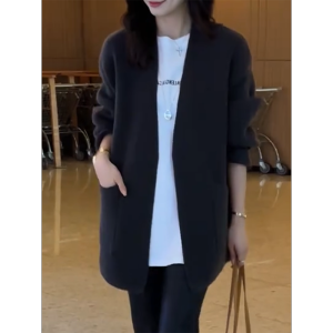 QINGNAER | Slimming Loose Simple Solid Color Knit Cardigan Mid-Length