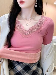 chaqi | Fleece Lined Long Sleeve Womens T-Shirt V-Neck Lace Splicing Warm Fashionable Slim Fit Base Layer Winter New Style Commute Style