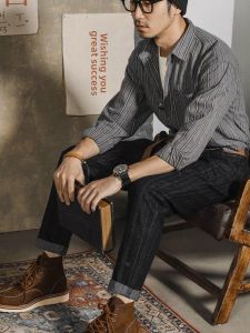 American Retro Straight Leg Loose Elastic British Style Khaki Mens Jeans Vertical Stripes Fashionable City Casual Long Pants