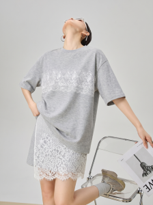 GULILI | Floral Gray Loose Casual T-Shirt Lace Skirt Outfit Summer