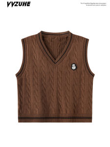 Slim Fit V-Neck Knitted Vest Womens Short Top Khaki Color Sleeveless Work Design Autumn Fashion College Style Casual Wear