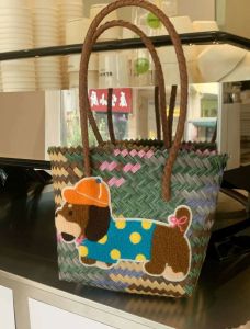 Cute Knitted Dog Line Basket Commuter Handbag Womens Tote Bag Soft Open Top Shoulder Bag Daily Use Animal Pattern Bag