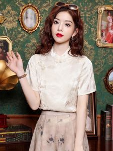 Elegant Summer Cheongsam Style Silk Shirt Womens Fashion 2026 New High-End Embroidery National Trend Top Womens Clothing
