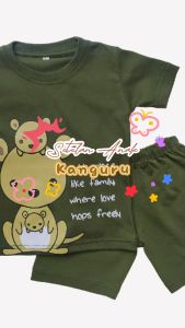 Setelan Kaos Anak Laki LakiCelana Pendek Anak Usia 1-6 Tahun Bahan Katun Warna Hijau Army Kanguru