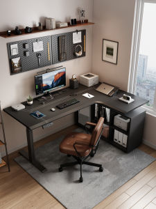 qin de | Dual Motor Electric Height Adjustable L-Shaped Corner Desk with Solid Wood Leather Storage for Gaming & Office