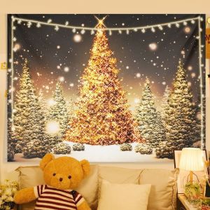 VIKAMA Vàng Phát Sáng Cây Giáng Sinh Tấm Thảm Tuyết Mùa Đông Rừng Treo Tường Thẩm Mỹ Xmas Nghệ Thuật Cho Phòng Ký Túc Xá Trang Trí Lễ Hội