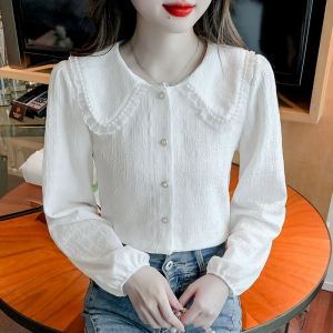 Elegant French Doll Collar Ruffle Sleeve Shirt Womens Fashion Long Three-piece Set Spring 2024 Bubble Sleeve Blouse Ensemble