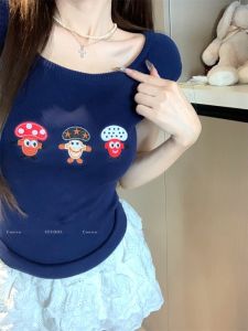 GUZILIAN | Áo thun dệt kim vai một bên mùa hè mới hoạt hình dễ thương gợi cảm cay nồng ngọt ngào thường ngày cho nữ