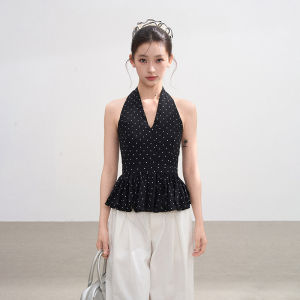 BAIDAIFEI | Black Halter Dots V-Neck Sleeveless Camisole Top for Slimming