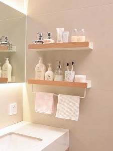 [SG Stock] Wooden Kitchen Bathroom Wall-Mounted Punch-Free Storage Rack